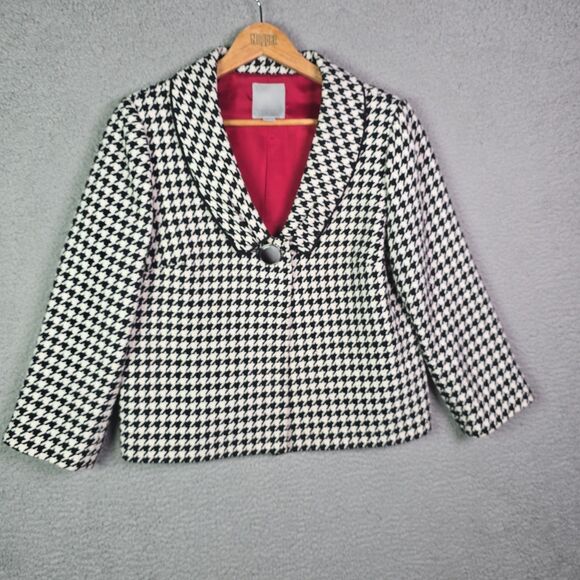 Tavora Houndstooth Wool Blend Blazer Red Lining Women’s 12 Waist-Length - Picture 1 of 12